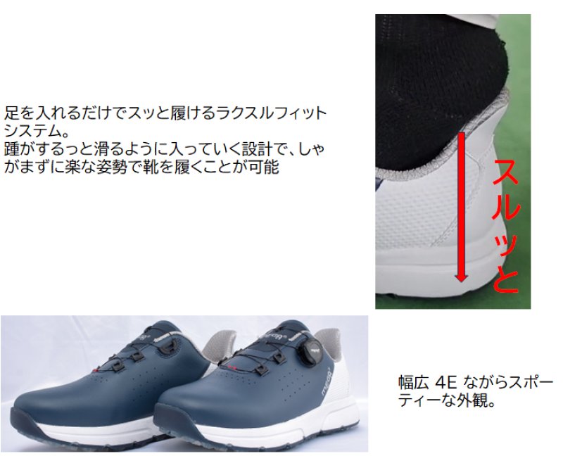 ラクスルフィット MEGA JAPAN メガゴルフ ダイヤル式 フリーロック スパイクレスゴルフシューズ 楽々歩行 4E 強力グリップ 幅広 メンズ レディース