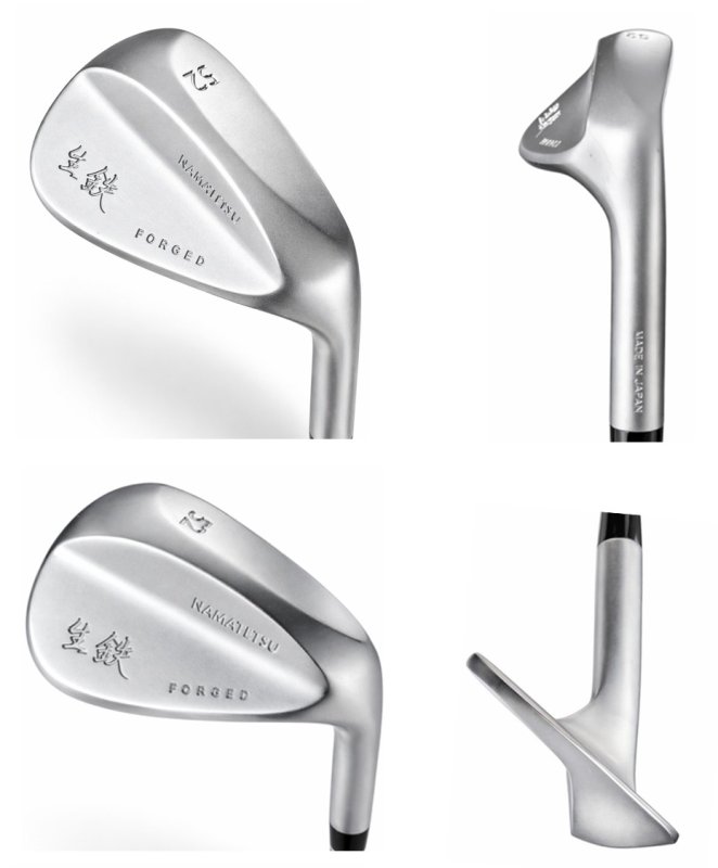 日本製「生鉄」ウェッジの多角的な製品写真。バックフェース、ソール、ストレートネックの形状が確認できる4方向からのクローズアップ。