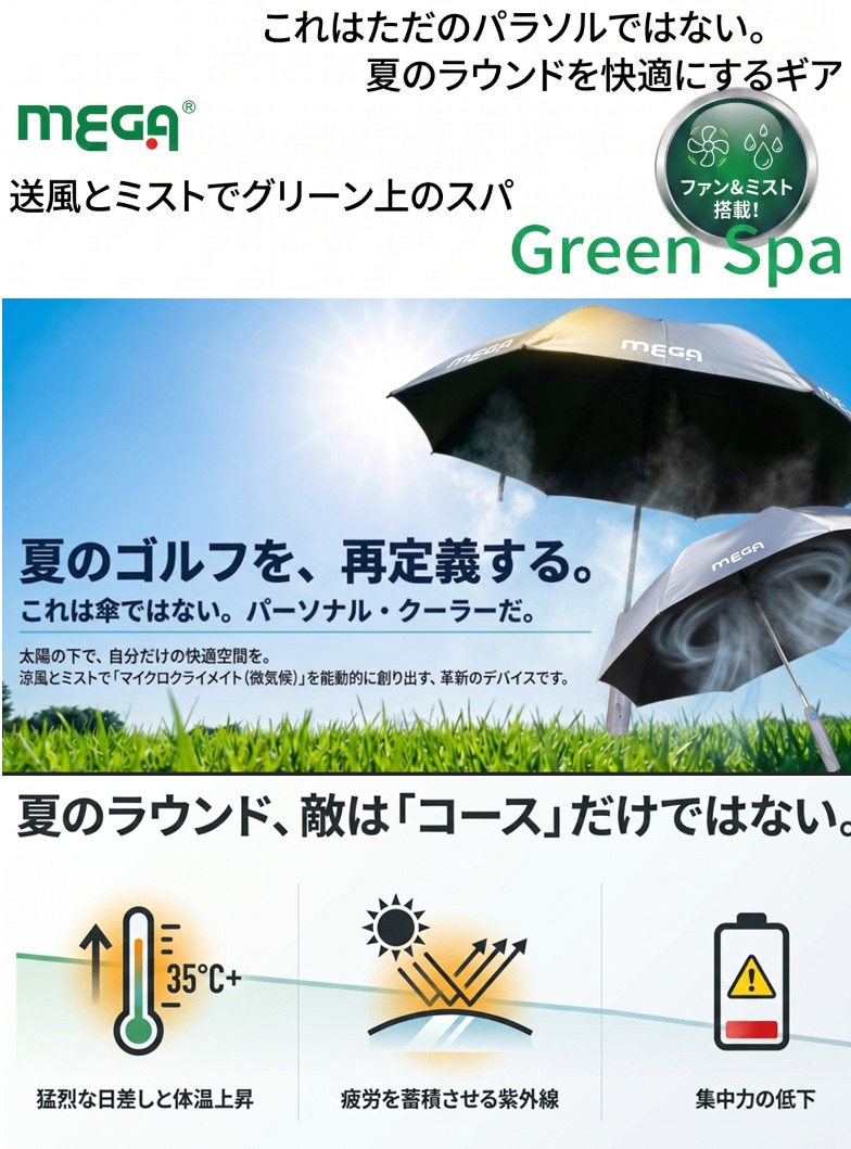 MEGAグリーンスパのメインイメージ。青空の下、ゴルフ場でファンとミスト機能付きの日傘「Green Spa」を使用している様子。猛烈な日差し、体温上昇、紫外線による疲労、集中力低下といった夏のゴルフの課題を解決する「パーソナル・クーラー」としてのキャッチコピー。