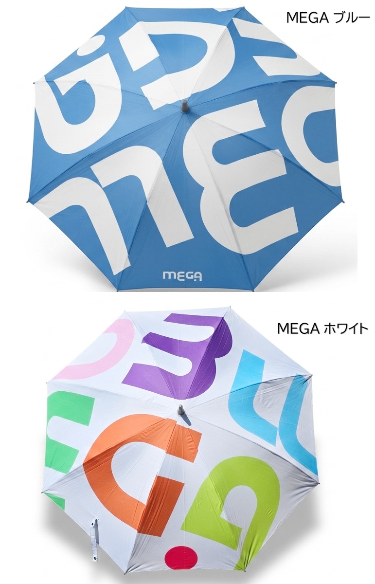 MEGAグリーンスパのロゴグラフィックデザイン。上段の「MEGA ブルー」は、爽やかなライトブルーに白の大きなブランドロゴが大胆に配置されたデザイン。下段の「MEGA ホワイト」は、白地にパープル、グリーン、オレンジ、水色など、マルチカラーのロゴが散りばめられたポップでエネルギッシュなデザイン。