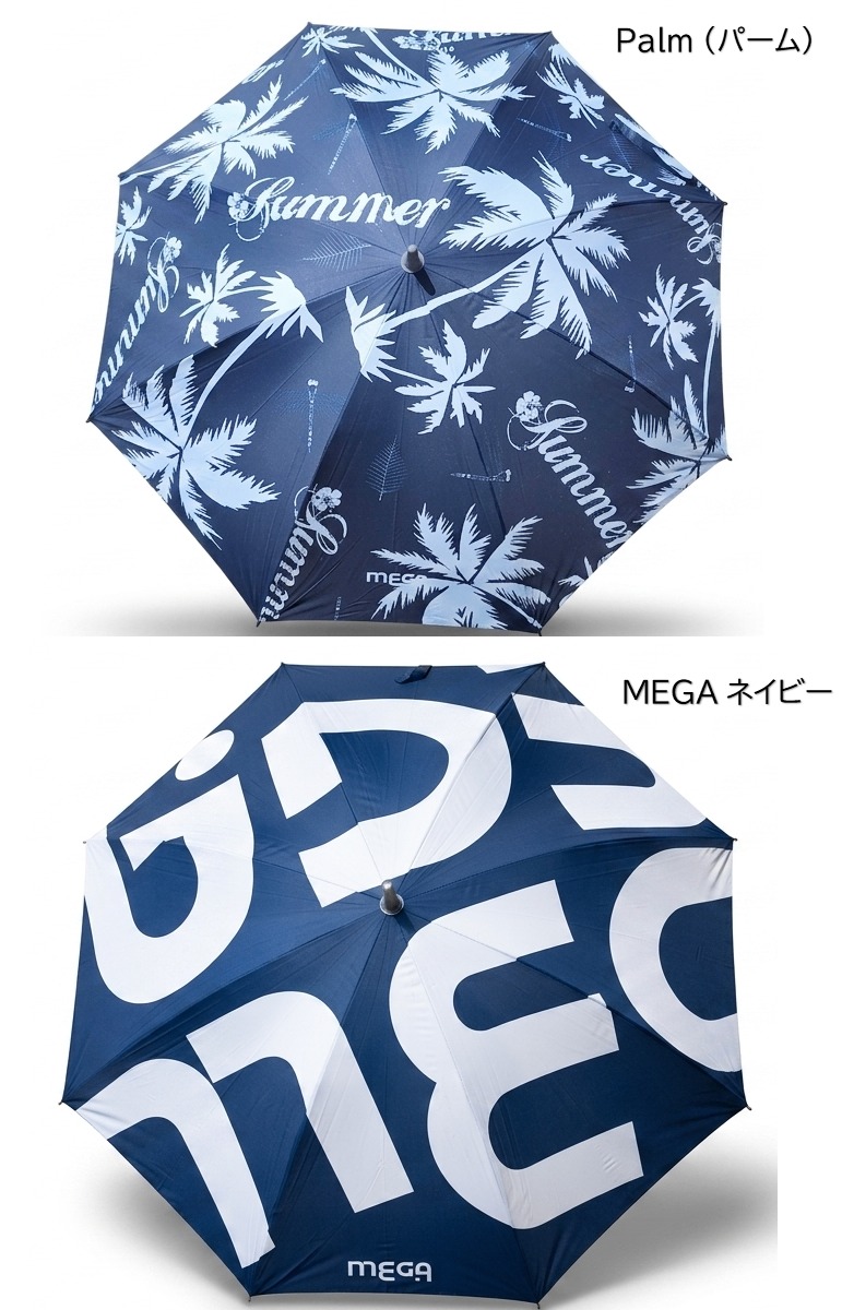 MEGAグリーンスパのネイビー基調デザイン。上段の「Palm（パーム）」は、濃紺に白いヤシの木と「Summer」の筆記体ロゴが全面にあしらわれたシックなアロハスタイル。下段の「MEGA ネイビー」は、深みのある紺色に大きな白いブランドロゴが重なり合うようにプリントされた、スポーティーで力強いデザイン。