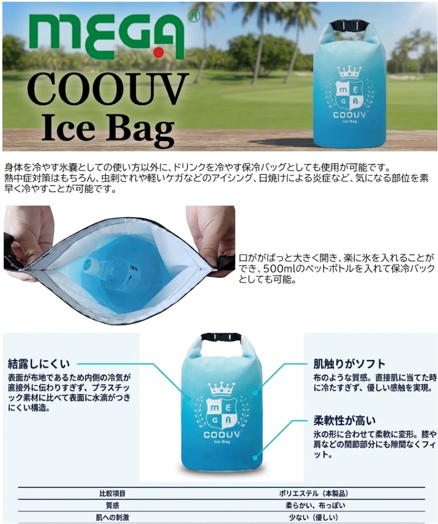 MEGA COOUV アイスバッグの商品概要。氷嚢と飲料保冷バッグの2WAY仕様、結露しにくいポリエステル素材、肌への優しさと柔軟性を説明。