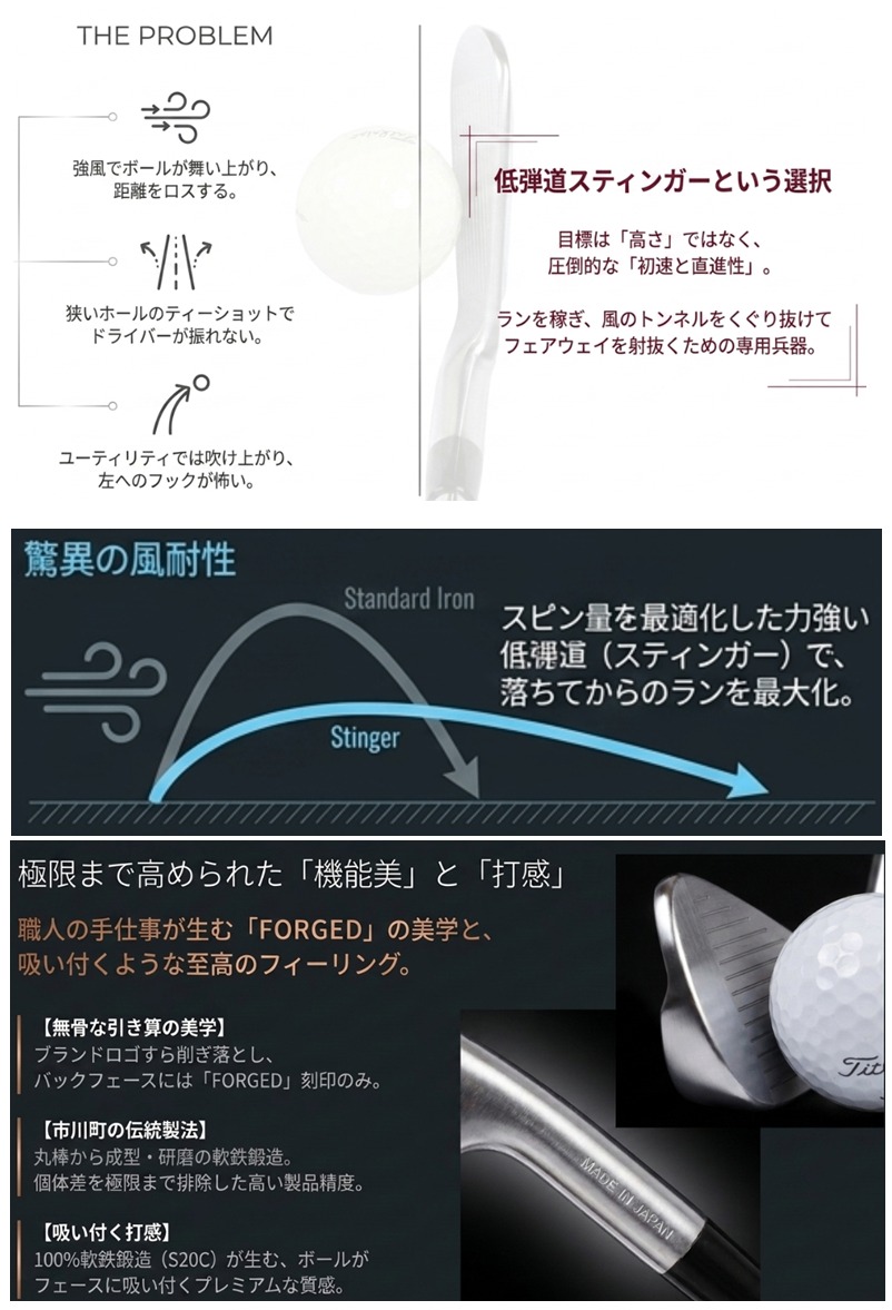 強風時の低弾道スティンガーショットの弾道イメージと、無刻印バックフェース・S20C軟鉄鍛造の質感を説明した画像