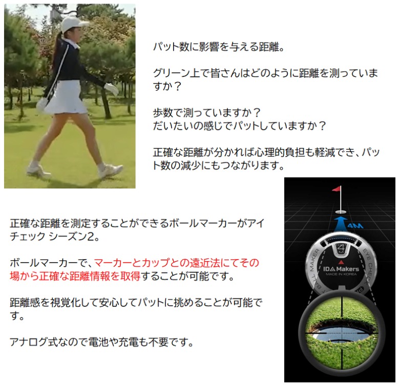 「グリーン上での歩数測定の手間やだいたいの感じでのパッティングによる心理的負担を解消し、正確な距離情報の取得でパット数減少につながる。EYE CHECK PROのアナログ遠近法による測定イメージ(1M、4Mと表示)と女性ゴルファーの写真。」